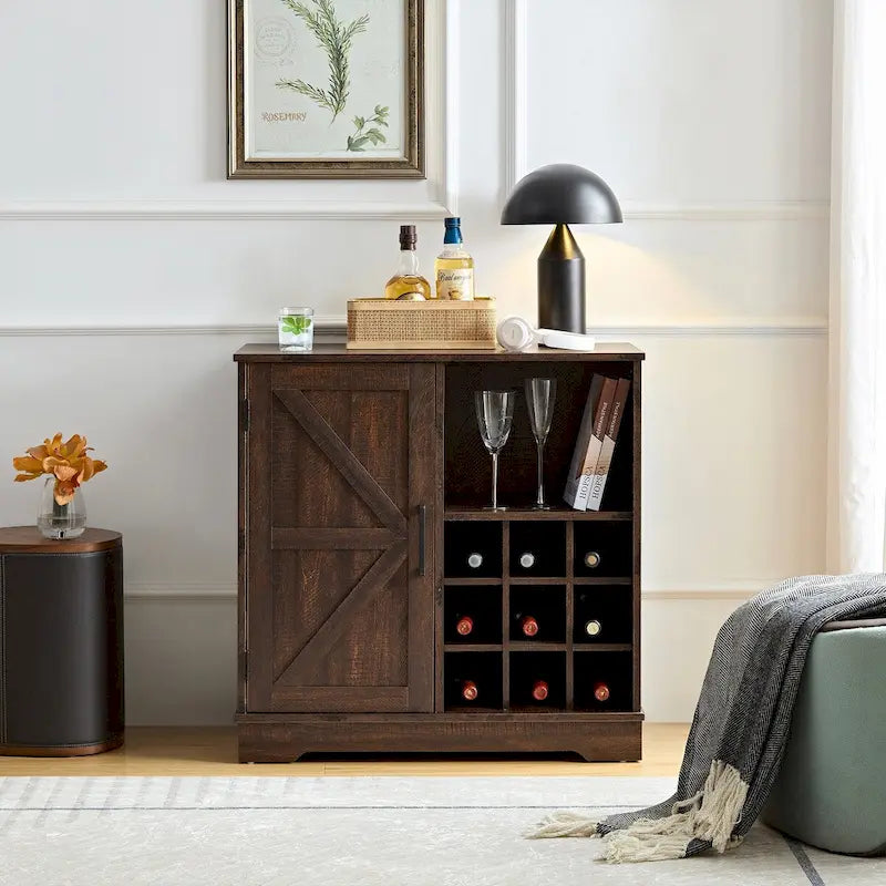 Meuble de bar rustique avec porte de grange et casier à vin 9 bouteilles