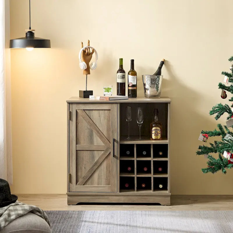 Meuble de bar rustique avec porte de grange et casier à vin 9 bouteilles