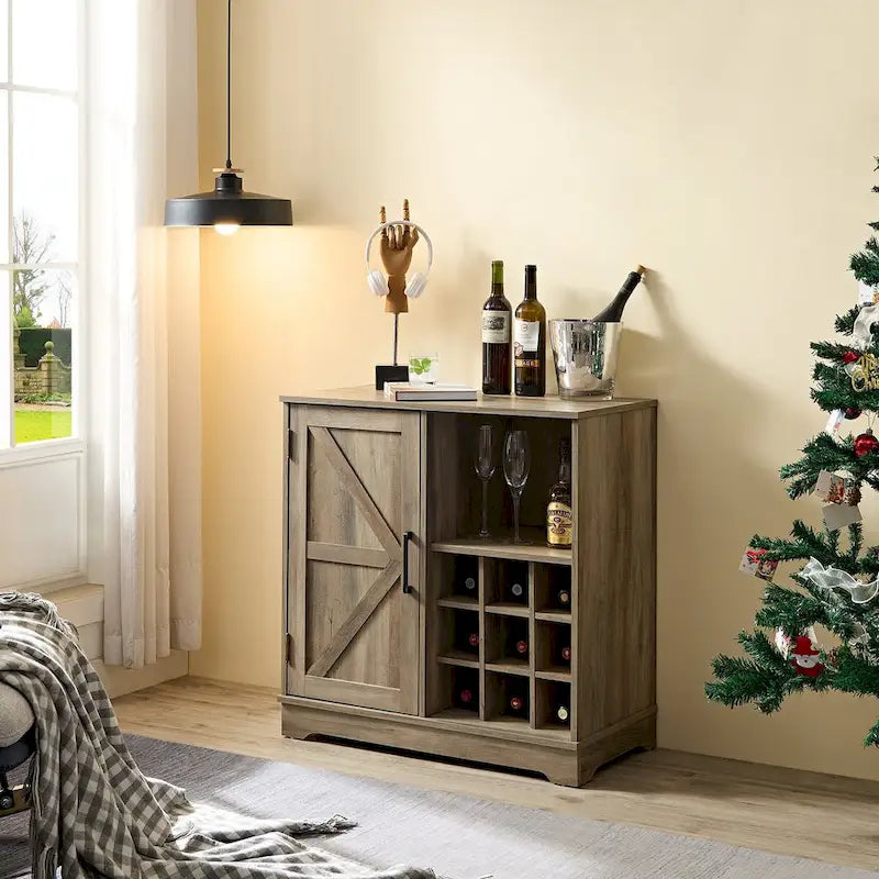 Meuble de bar rustique avec porte de grange et casier à vin 9 bouteilles