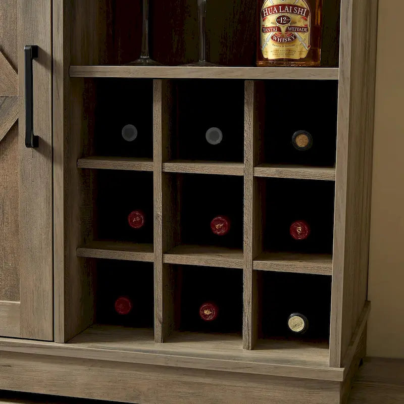 Meuble de bar rustique avec porte de grange et casier à vin 9 bouteilles