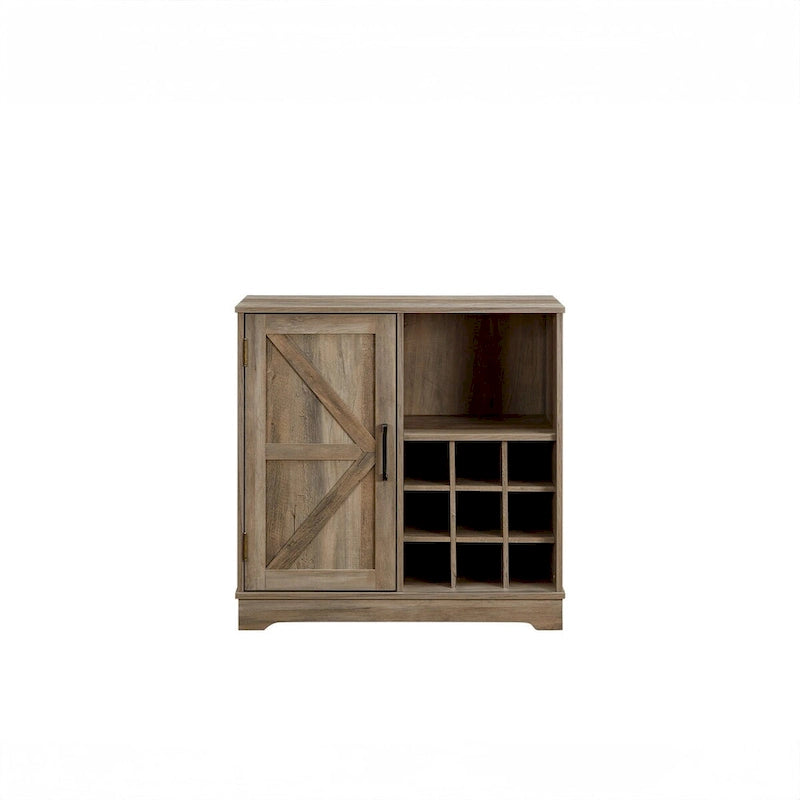 Meuble de bar rustique avec porte de grange et casier à vin 9 bouteilles