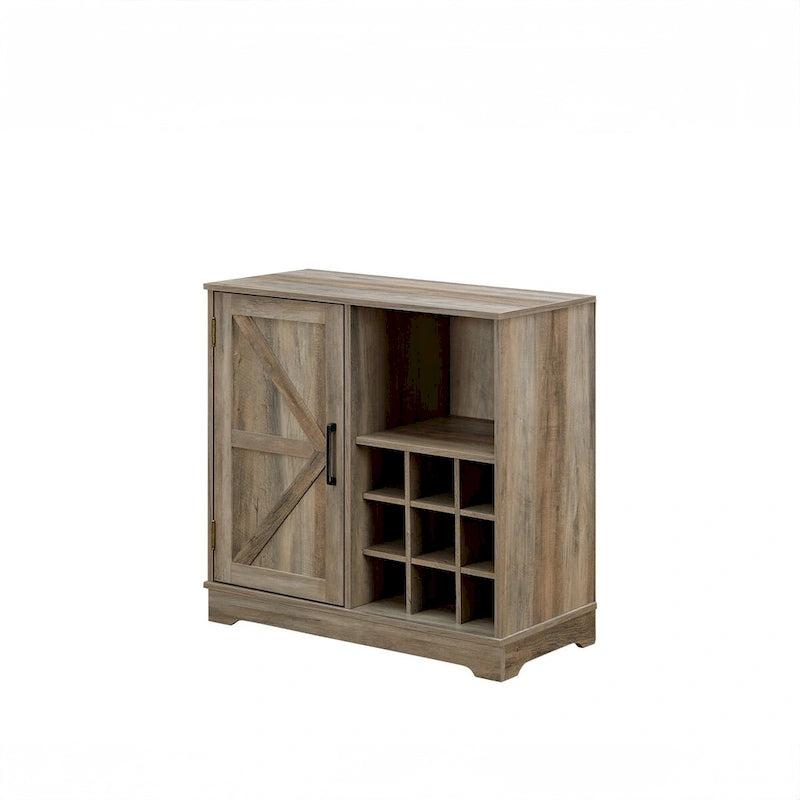 Meuble de bar rustique avec porte de grange et casier à vin 9 bouteilles