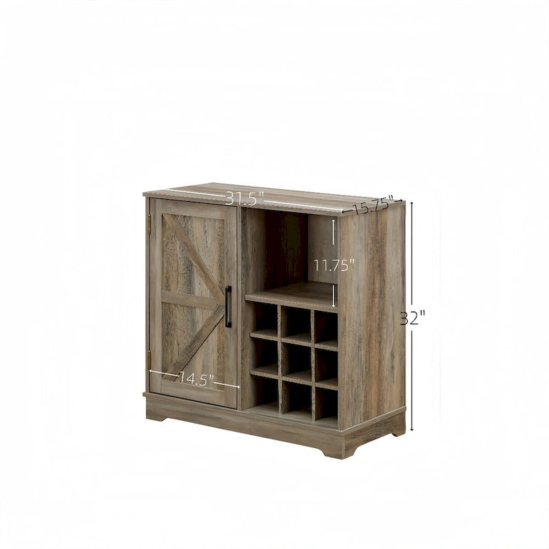 Meuble de bar rustique avec porte de grange et casier à vin 9 bouteilles