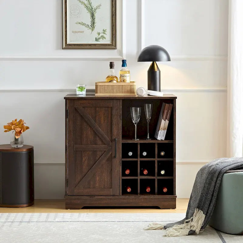Meuble de bar rustique avec porte de grange et casier à vin 9 bouteilles