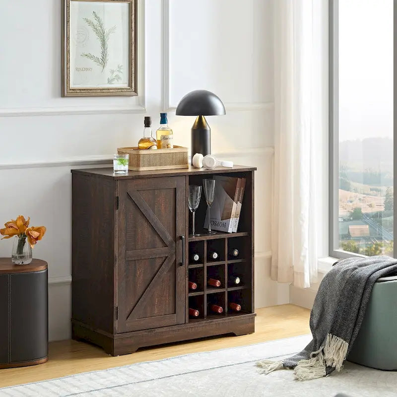 Meuble de bar rustique avec porte de grange et casier à vin 9 bouteilles