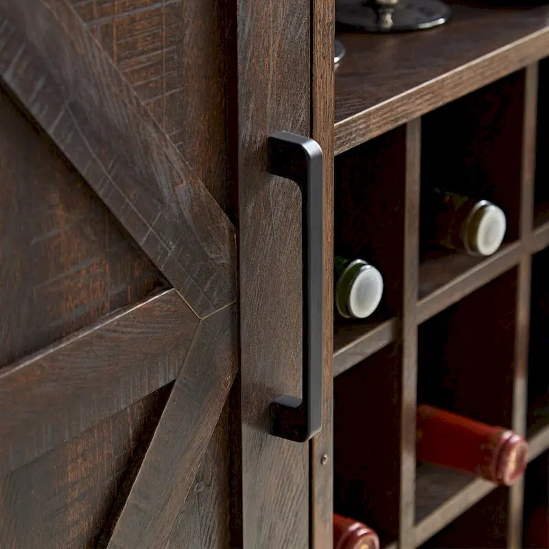 Meuble de bar rustique avec porte de grange et casier à vin 9 bouteilles