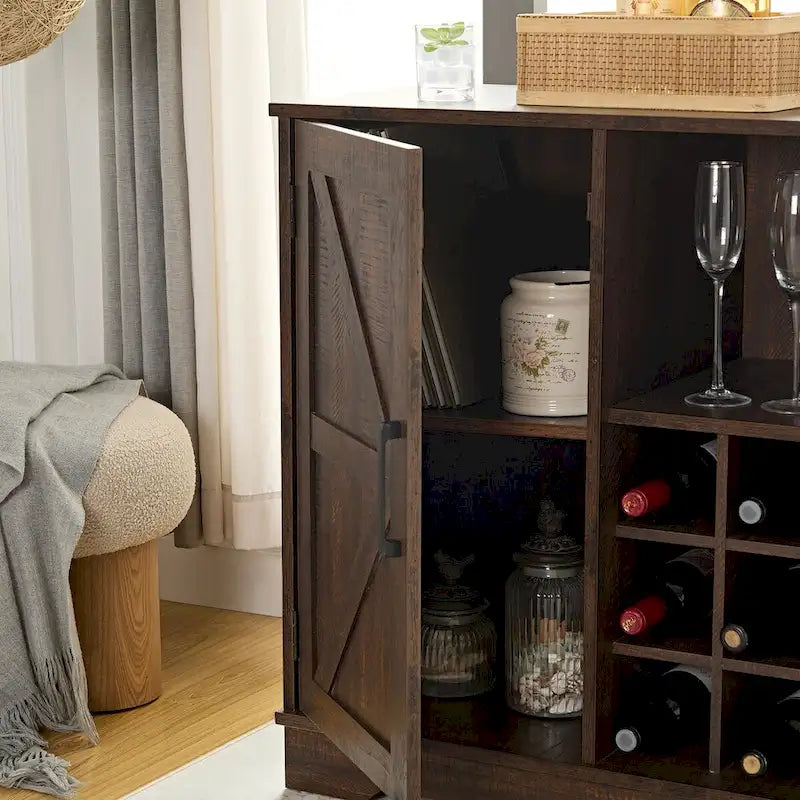 Meuble de bar rustique avec porte de grange et casier à vin 9 bouteilles