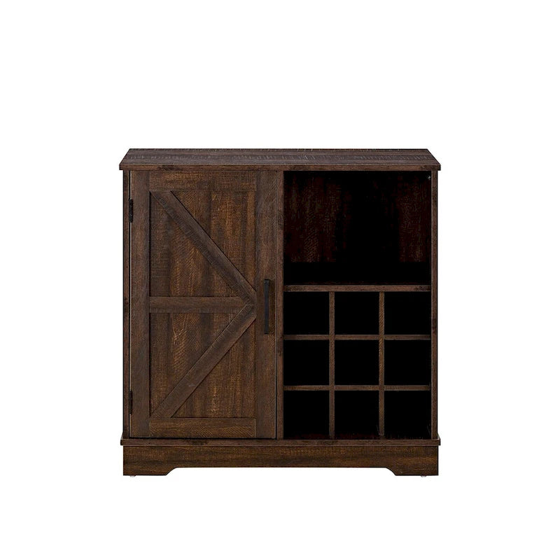 Meuble de bar rustique avec porte de grange et casier à vin 9 bouteilles