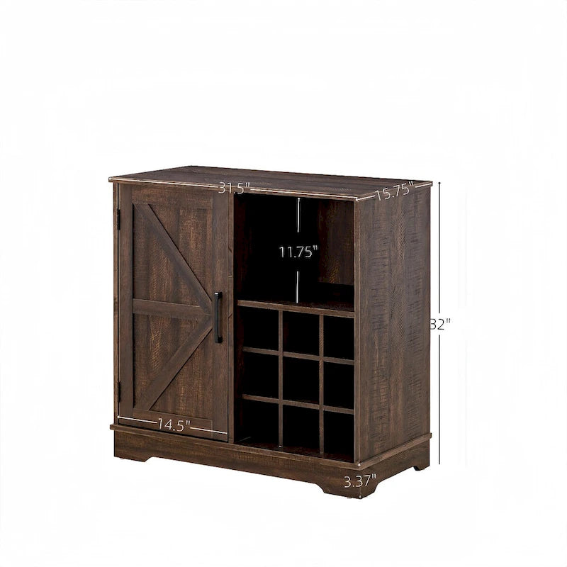 Meuble de bar rustique avec porte de grange et casier à vin 9 bouteilles