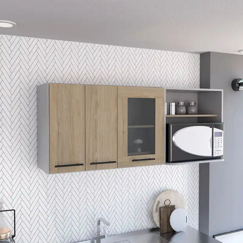 Meuble haut de cuisine mural avec double porte, porte vitrée et étagère ouverte, pin clair