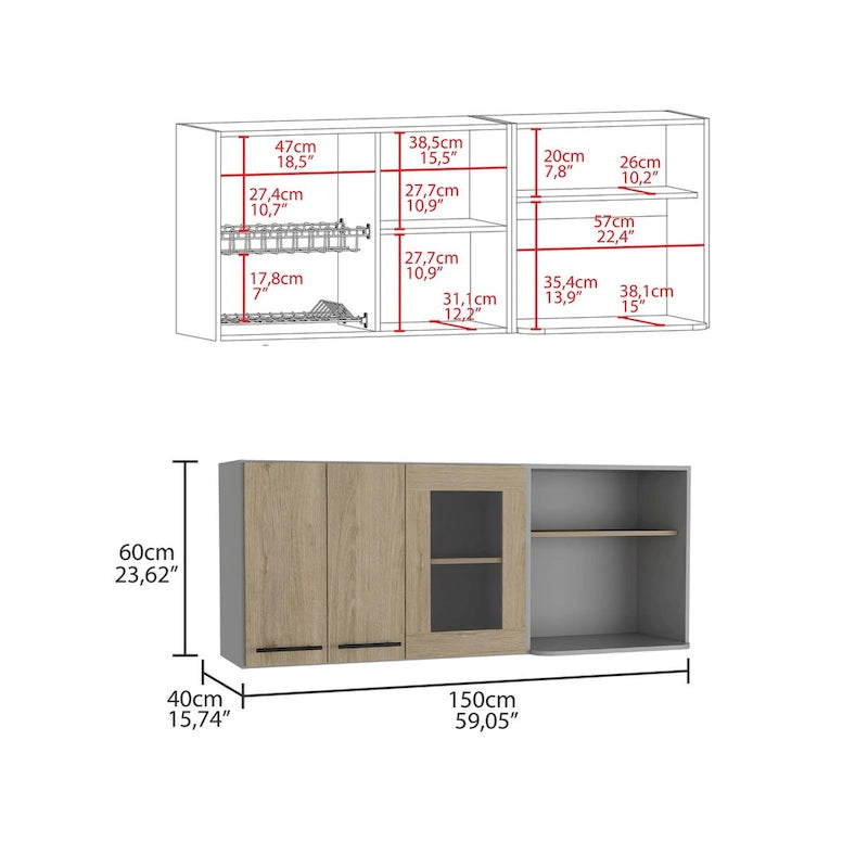 Meuble haut de cuisine mural avec double porte, porte vitrée et étagère ouverte, pin clair