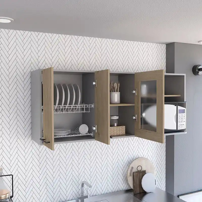 Meuble haut de cuisine mural avec double porte, porte vitrée et étagère ouverte, pin clair