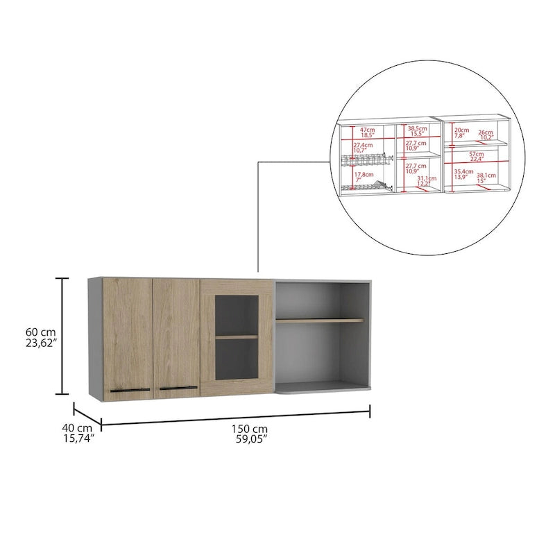Meuble haut de cuisine mural avec double porte, porte vitrée et étagère ouverte, pin clair