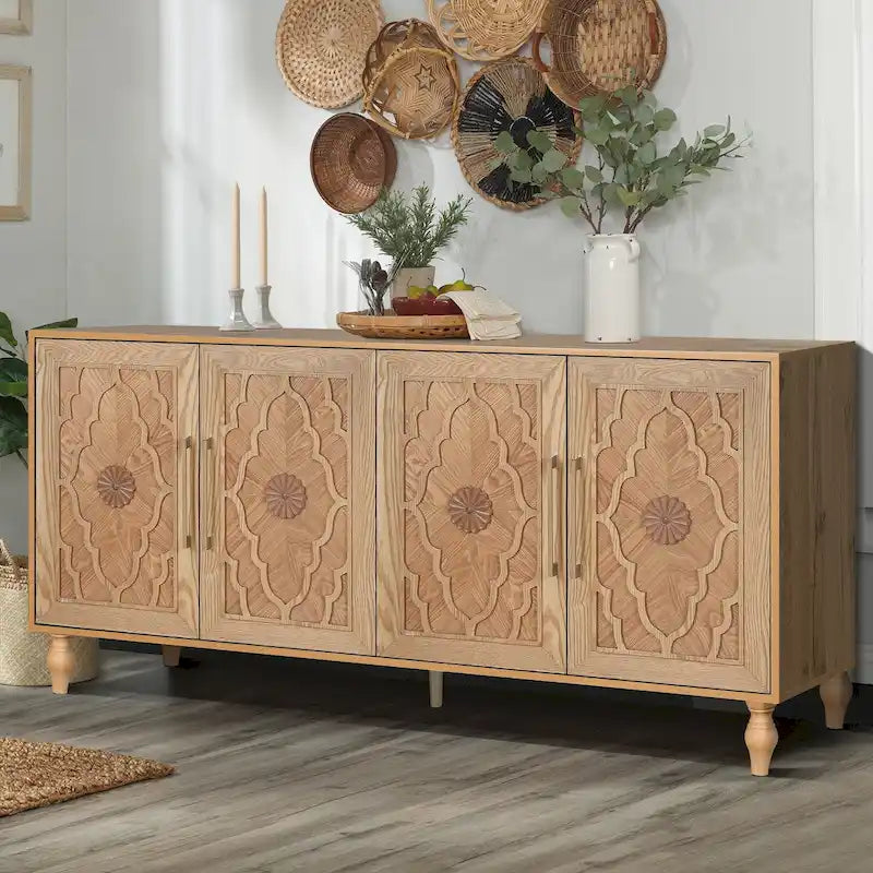Armoire de rangement 4 portes sculptée en bois naturel, couleur naturelle