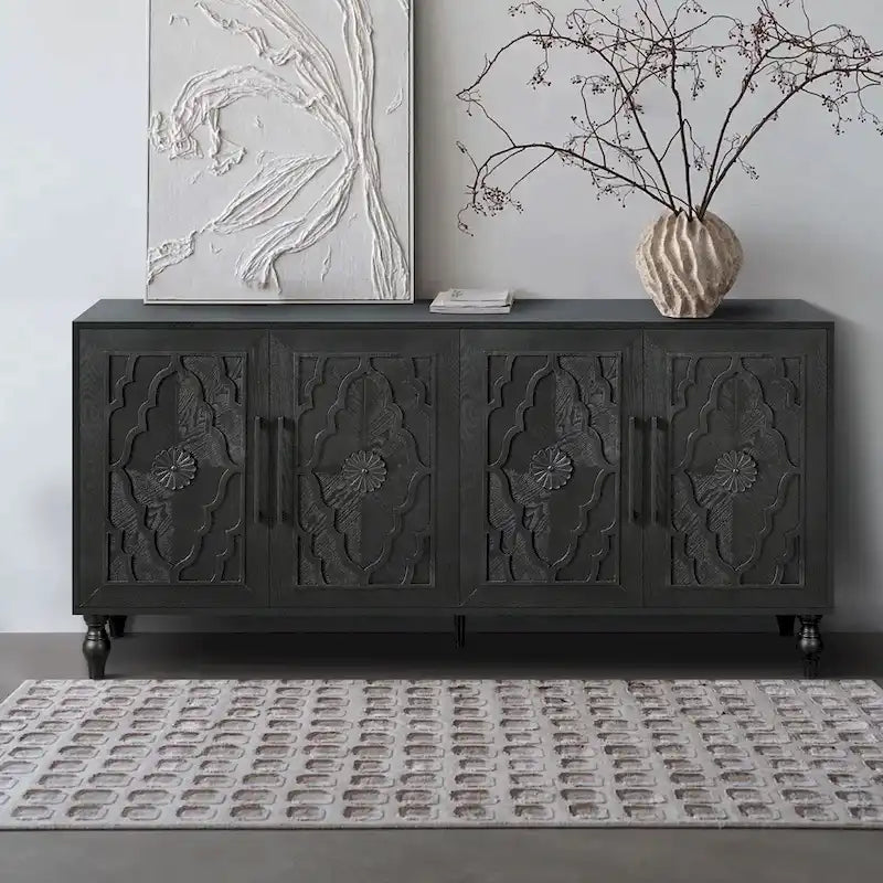 Armoire de rangement 4 portes sculptée en bois naturel, couleur naturelle