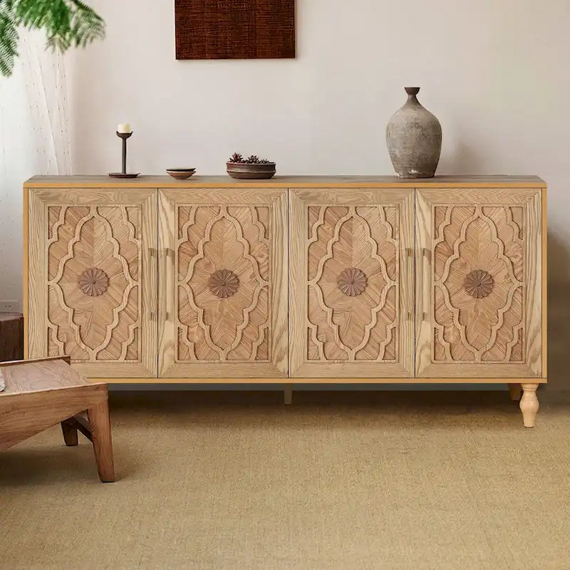Armoire de rangement 4 portes sculptée en bois naturel, couleur naturelle