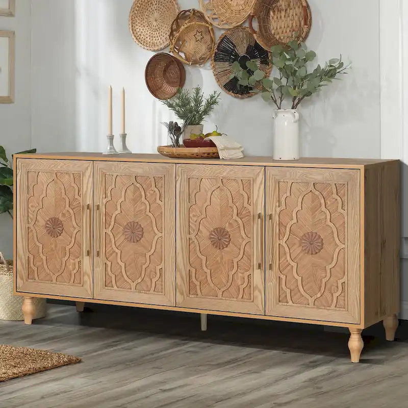 Armoire de rangement 4 portes sculptée en bois naturel, couleur naturelle
