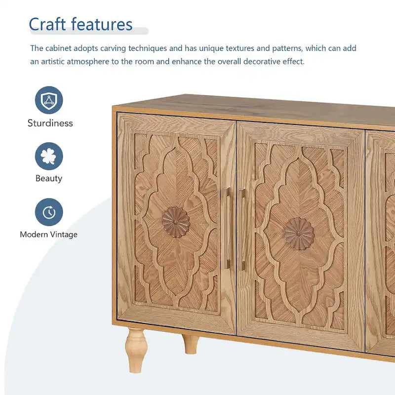 Armoire de rangement 4 portes sculptée en bois naturel, couleur naturelle