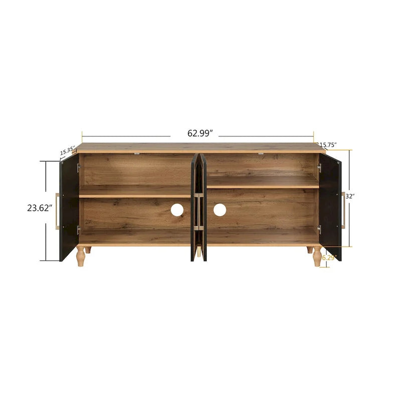 Armoire de rangement 4 portes sculptée en bois naturel, couleur naturelle