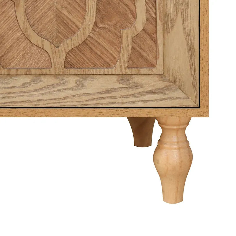 Armoire de rangement 4 portes sculptée en bois naturel, couleur naturelle
