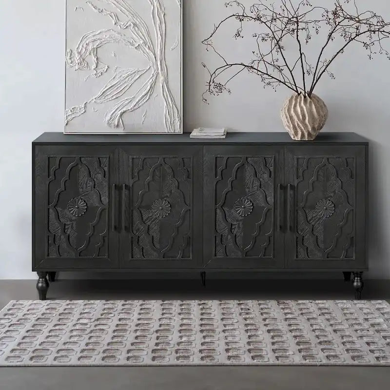 Armoire de rangement 4 portes sculptée en bois naturel, couleur naturelle
