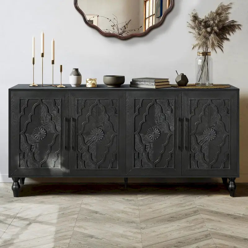 Armoire de rangement 4 portes sculptée en bois naturel, couleur naturelle
