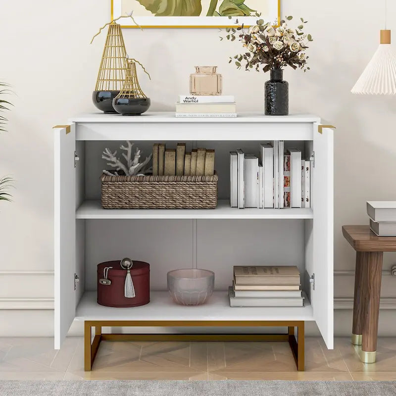 Buffet double porte à chevrons blanc et bois naturel avec pieds dorés