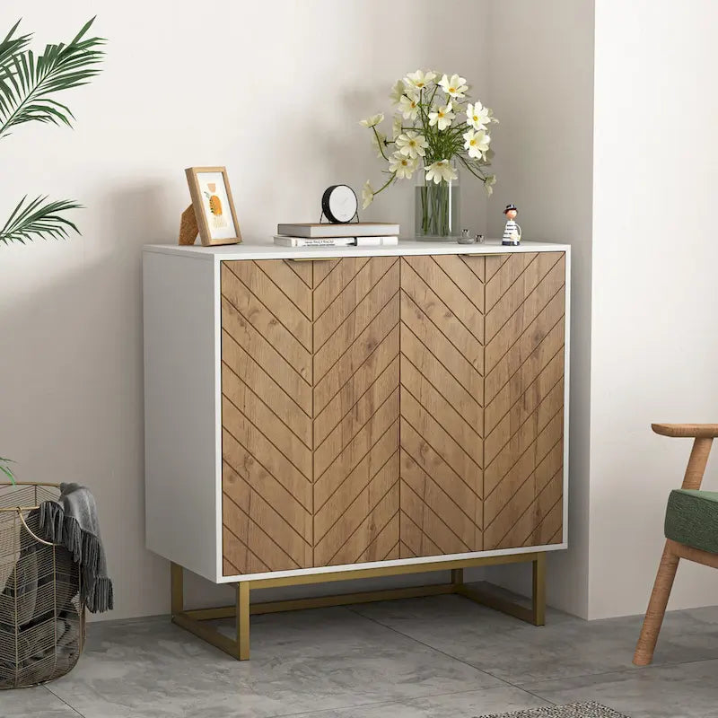 Buffet double porte à chevrons blanc et bois naturel avec pieds dorés