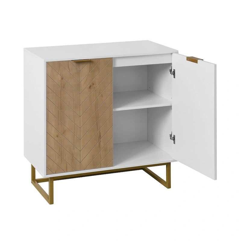 Buffet double porte à chevrons blanc et bois naturel avec pieds dorés