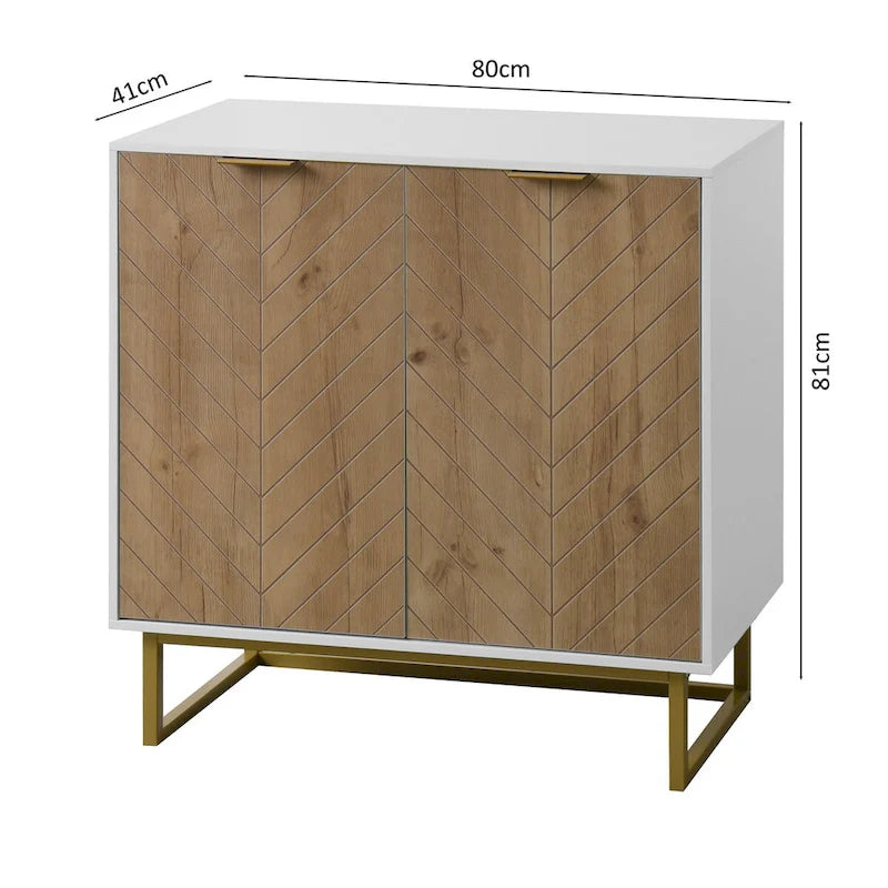 Buffet double porte à chevrons blanc et bois naturel avec pieds dorés