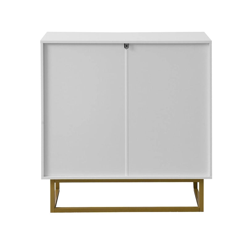 Buffet double porte à chevrons blanc et bois naturel avec pieds dorés