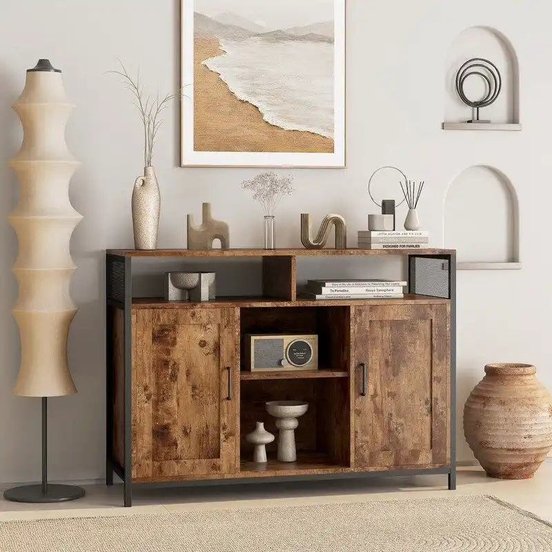 Industrial Rustic Brown Sideboard Storage Cabinet with Open Shelves