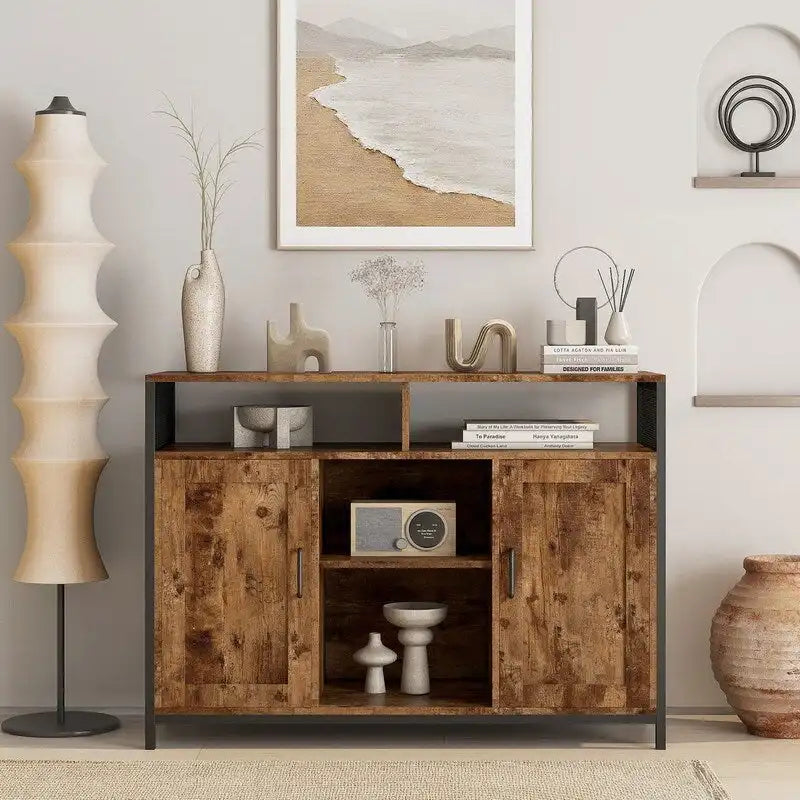 Industrial Rustic Brown Sideboard Storage Cabinet with Open Shelves