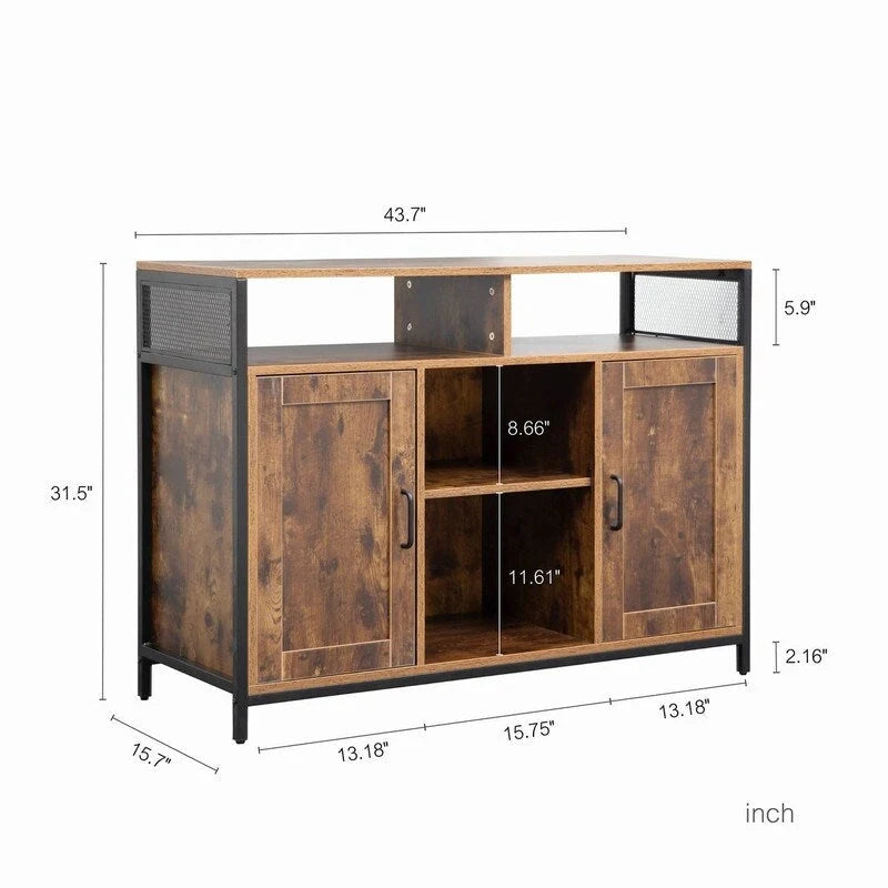 Industrial Rustic Brown Sideboard Storage Cabinet with Open Shelves