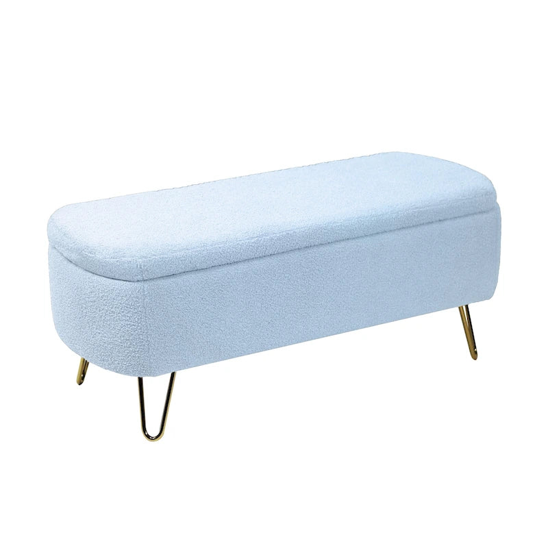 Banc de rangement ottoman rembourré en fausse fourrure avec pieds en épingle dorés Bleu ivoire