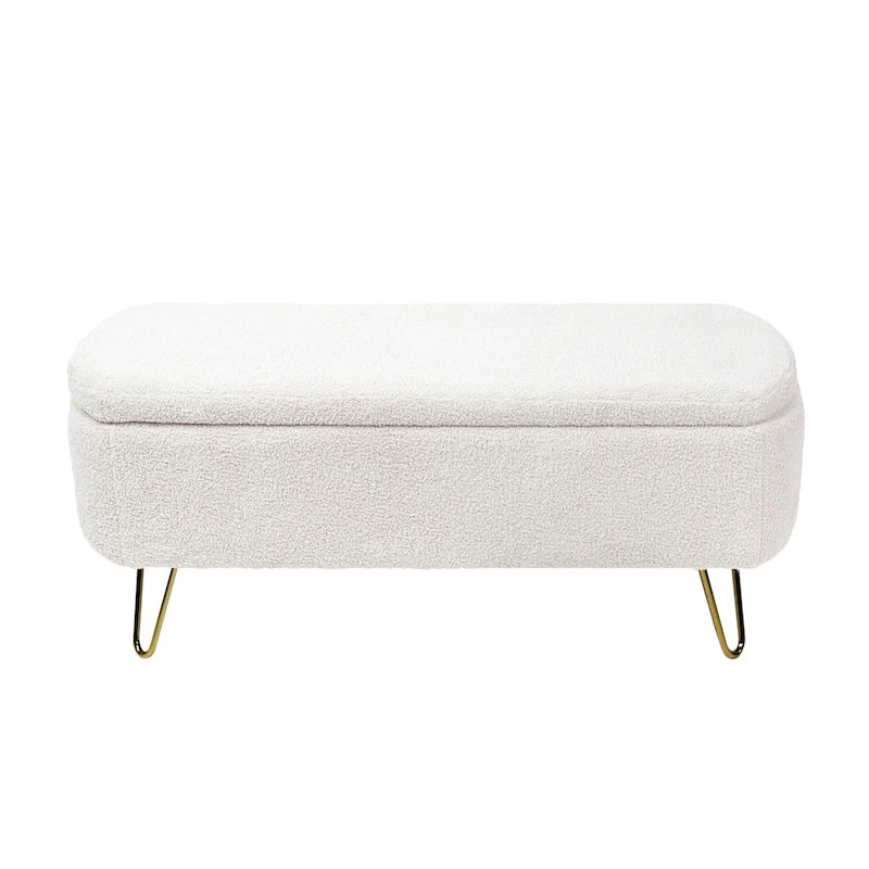 Banc de rangement ottoman rembourré en fausse fourrure avec pieds en épingle dorés Bleu ivoire