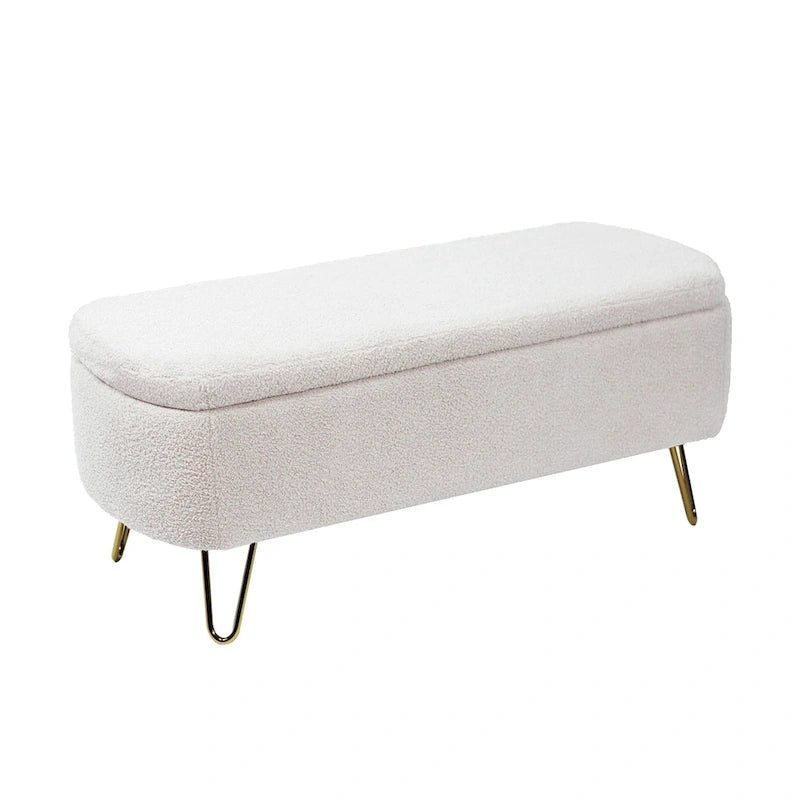 Banc de rangement ottoman rembourré en fausse fourrure avec pieds en épingle dorés Bleu ivoire