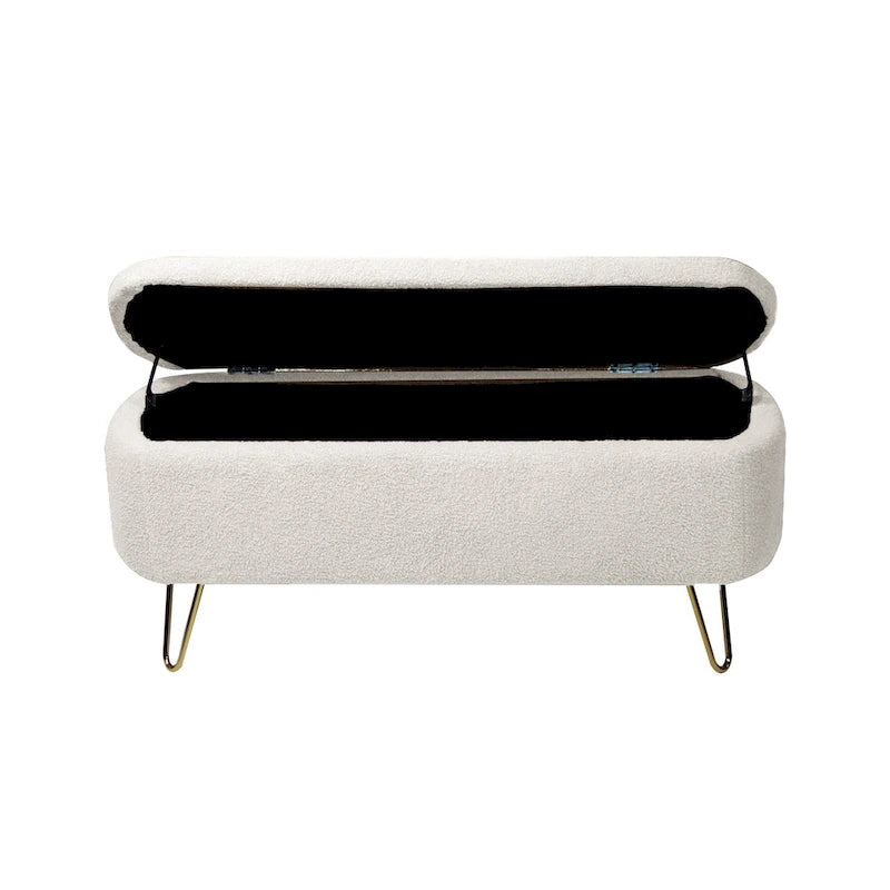 Banc de rangement ottoman rembourré en fausse fourrure avec pieds en épingle dorés Bleu ivoire