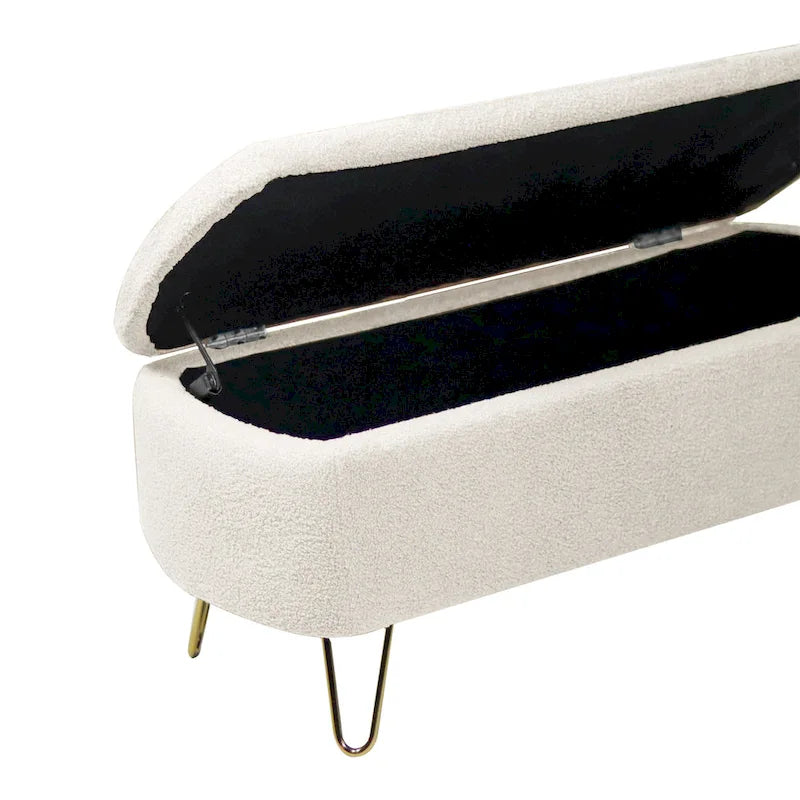 Banc de rangement ottoman rembourré en fausse fourrure avec pieds en épingle dorés Bleu ivoire