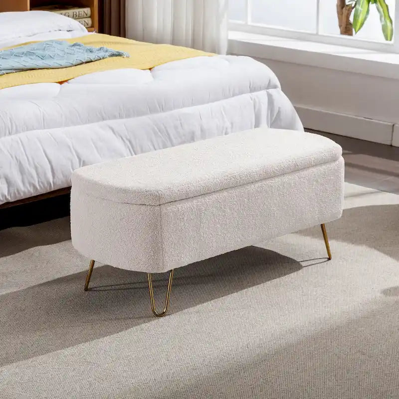 Banc de rangement ottoman rembourré en fausse fourrure avec pieds en épingle dorés Bleu ivoire