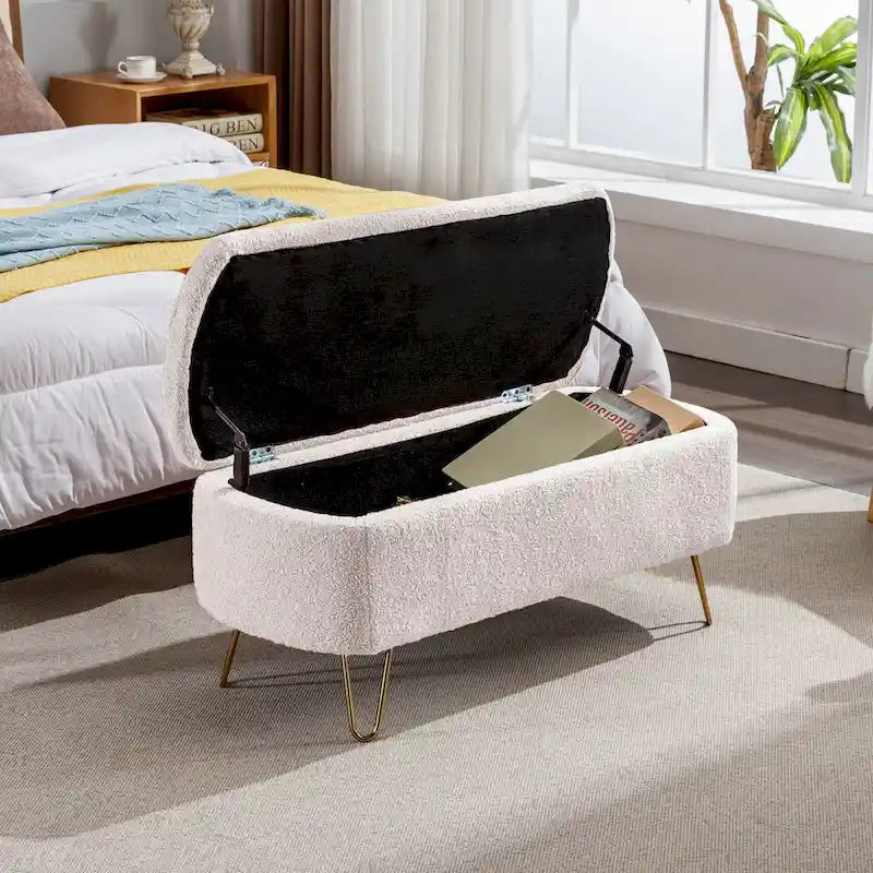 Banc de rangement ottoman rembourré en fausse fourrure avec pieds en épingle dorés Bleu ivoire