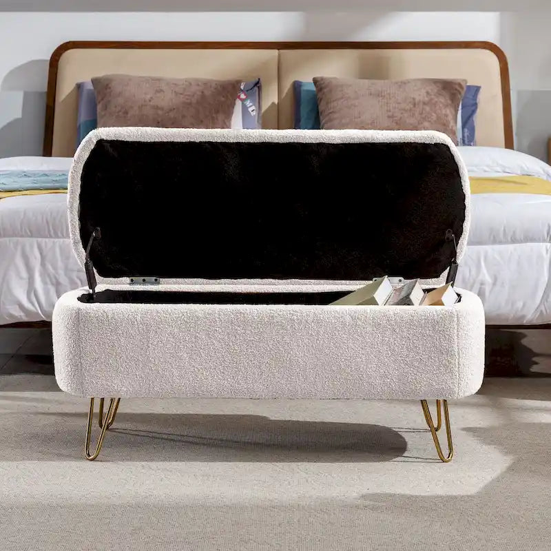 Banc de rangement ottoman rembourré en fausse fourrure avec pieds en épingle dorés Bleu ivoire