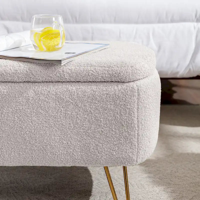 Banc de rangement ottoman rembourré en fausse fourrure avec pieds en épingle dorés Bleu ivoire