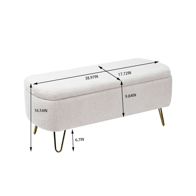 Banc de rangement ottoman rembourré en fausse fourrure avec pieds en épingle dorés Bleu ivoire