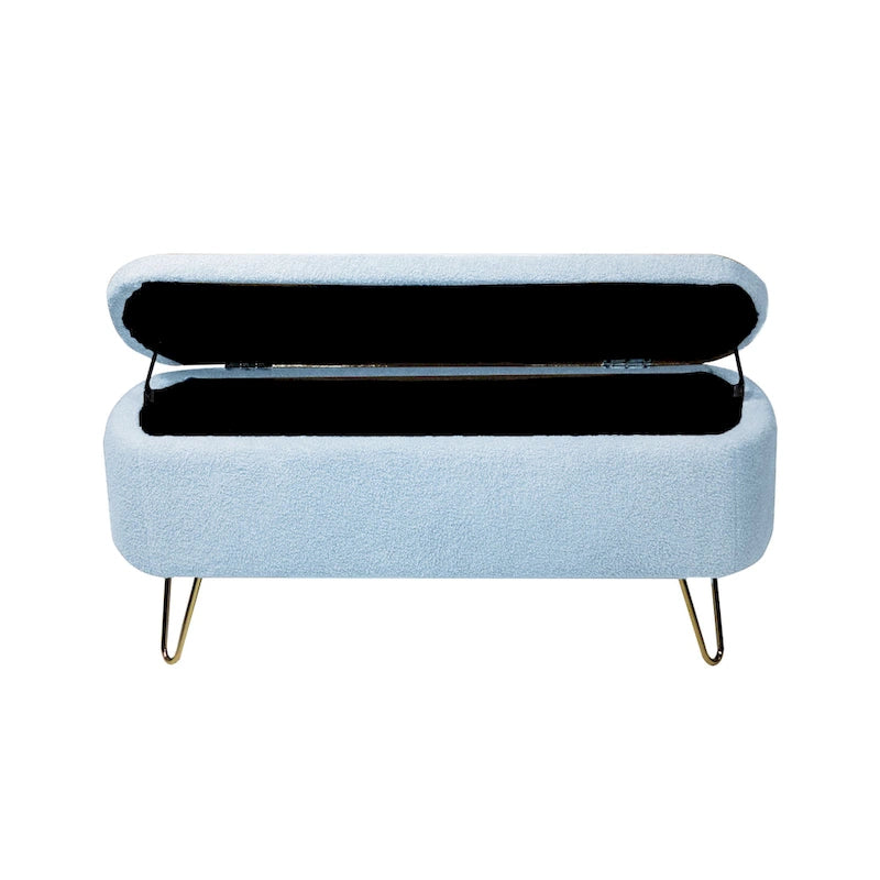 Banc de rangement ottoman rembourré en fausse fourrure avec pieds en épingle dorés Bleu ivoire