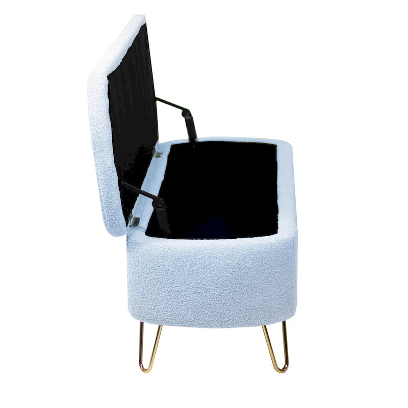 Banc de rangement ottoman rembourré en fausse fourrure avec pieds en épingle dorés Bleu ivoire
