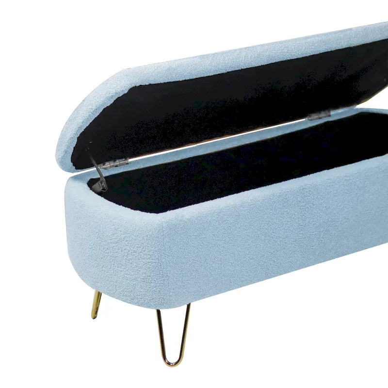 Banc de rangement ottoman rembourré en fausse fourrure avec pieds en épingle dorés Bleu ivoire
