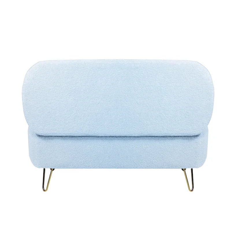 Banc de rangement ottoman rembourré en fausse fourrure avec pieds en épingle dorés Bleu ivoire