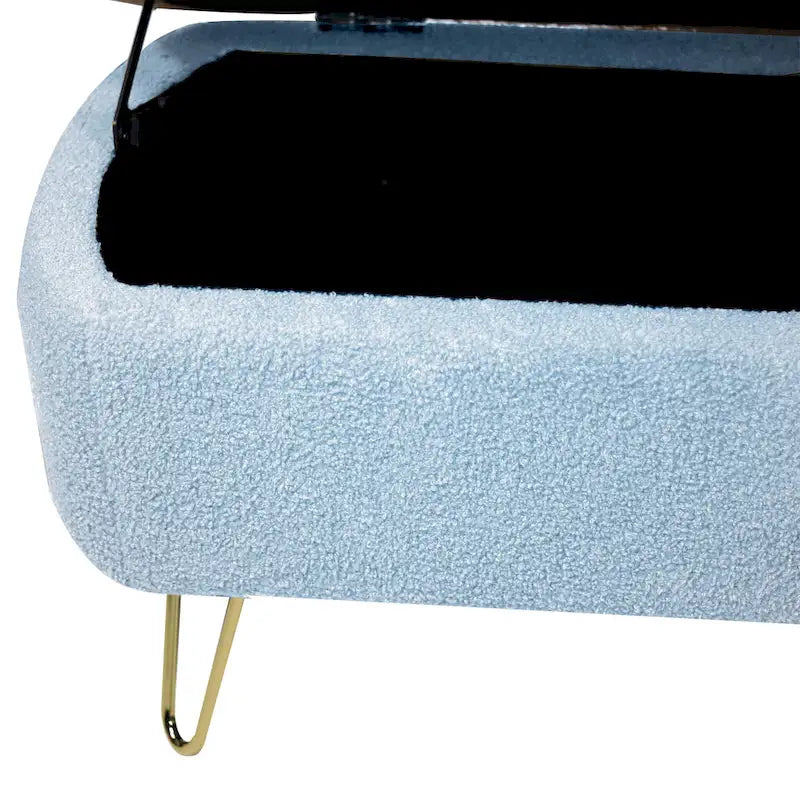 Banc de rangement ottoman rembourré en fausse fourrure avec pieds en épingle dorés Bleu ivoire