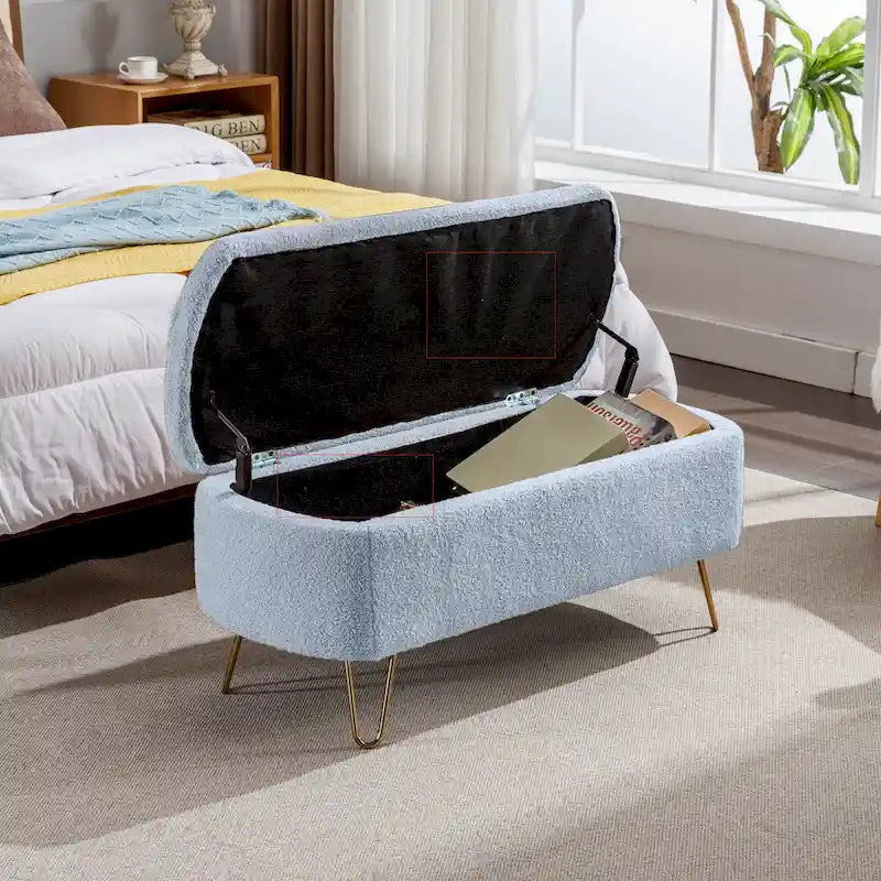 Banc de rangement ottoman rembourré en fausse fourrure avec pieds en épingle dorés Bleu ivoire